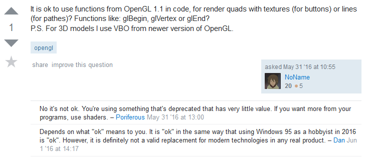 Learning OpenGL 1.1 is not ok according to Stackoverflow