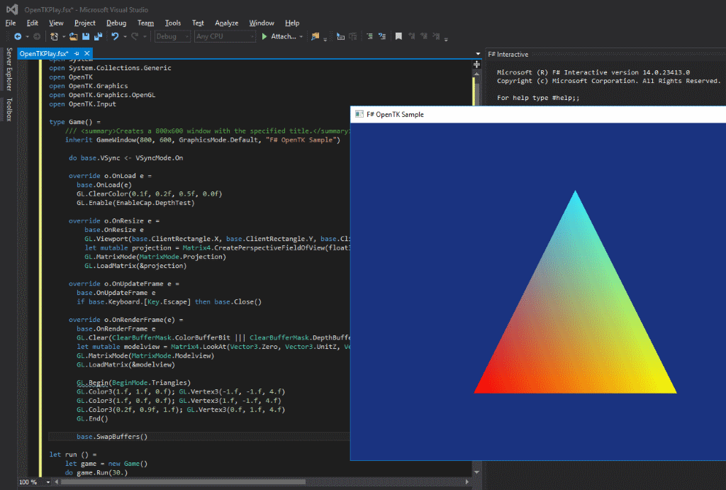 Standard OpenGL 'Hello World' example, a multi-coloured triangle, running in FSI.